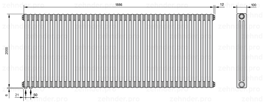 Схема (чертеж) Радиатор Zehnder Charleston 3200/41 №3370 Белый глянцевый RAL 9016